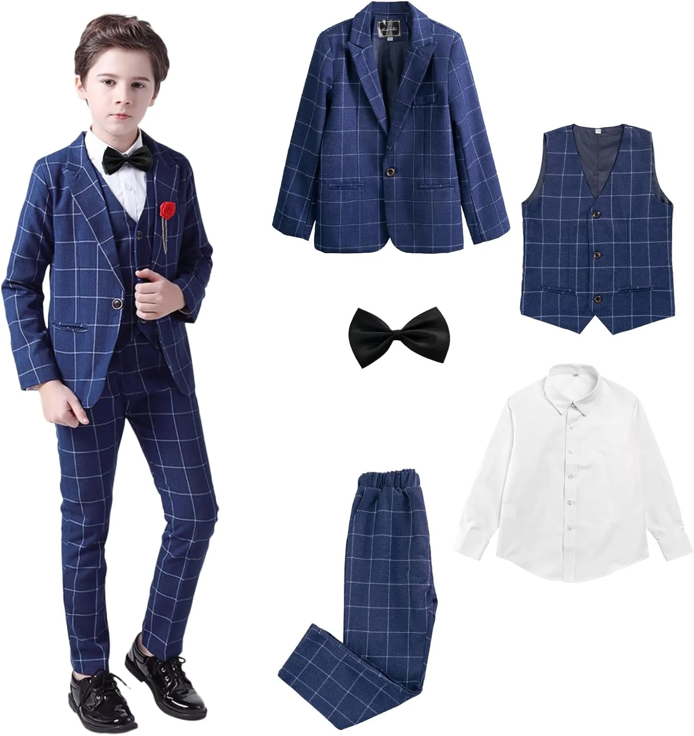 Boys Plaid Suit 5 Piece Formal Outfits Slim Fit Dress Clothes Kids Tuxedo Blazer Shirt Vest Pants Bow Tie