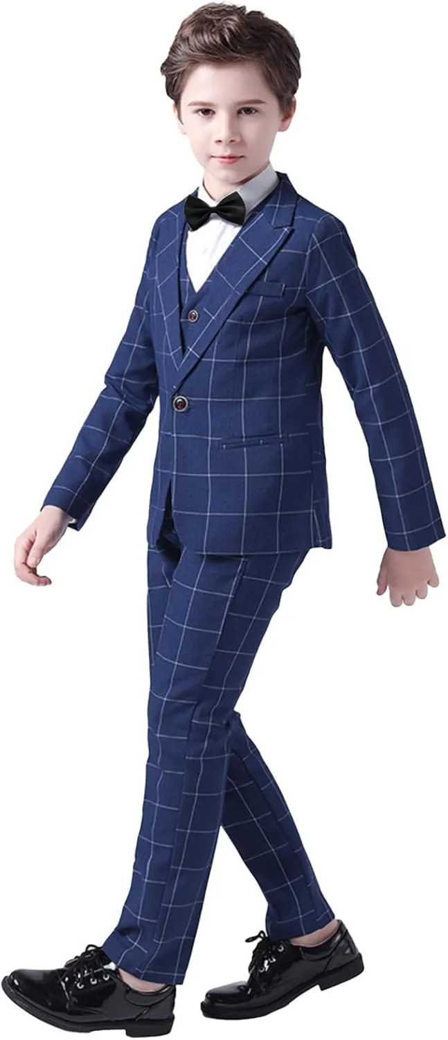 Boys Plaid Suit 5 Piece Formal Outfits Slim Fit Dress Clothes Kids Tuxedo Blazer Shirt Vest Pants Bow Tie