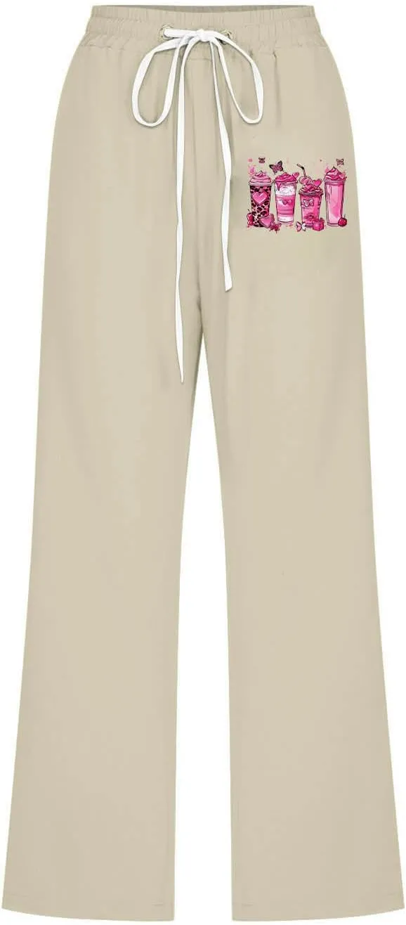 Breast Cancer Capri Pants for Women Drawstring Elastic High Waist Linen Pants Pink Ribbon Straight Cropped Trouser