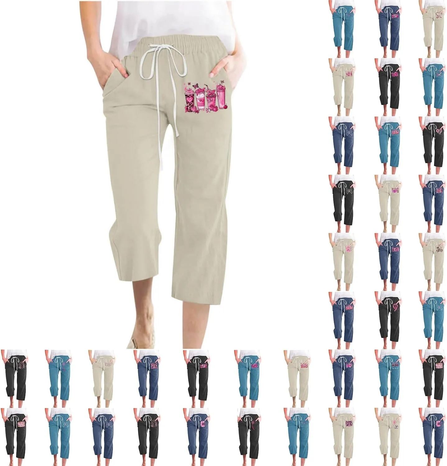 Breast Cancer Capri Pants for Women Drawstring Elastic High Waist Linen Pants Pink Ribbon Straight Cropped Trouser
