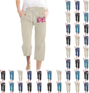 Breast Cancer Capri Pants for Women Drawstring Elastic High Waist Linen Pants Pink Ribbon Straight Cropped Trouser