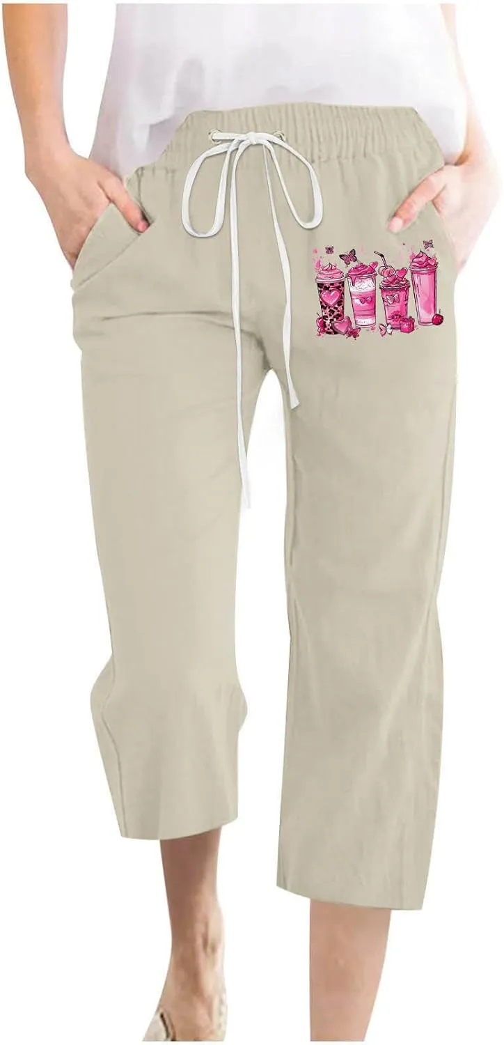 Breast Cancer Capri Pants for Women Drawstring Elastic High Waist Linen Pants Pink Ribbon Straight Cropped Trouser