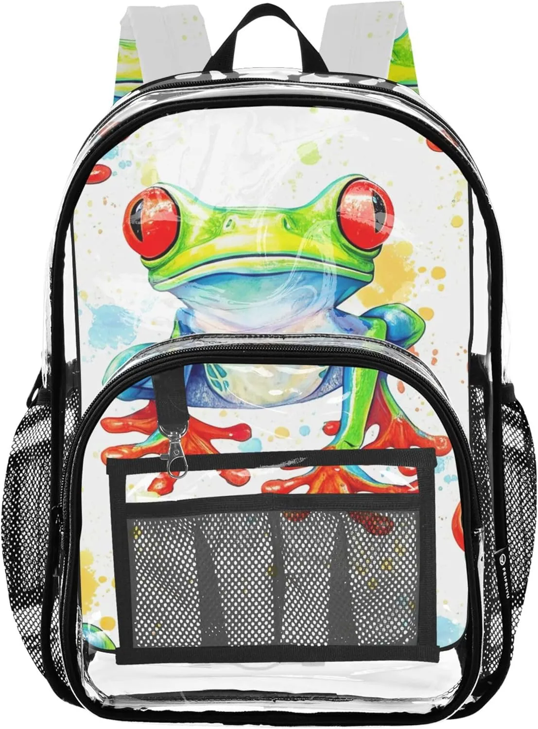 Bright Colorful Frogs White Travel Clear Bags for Women Girls Backpack Kids Boys Approved Plastic Bag Large