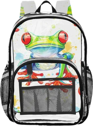 Bright Colorful Frogs White Travel Clear Bags for Women Girls Backpack Kids Boys Approved Plastic Bag Large