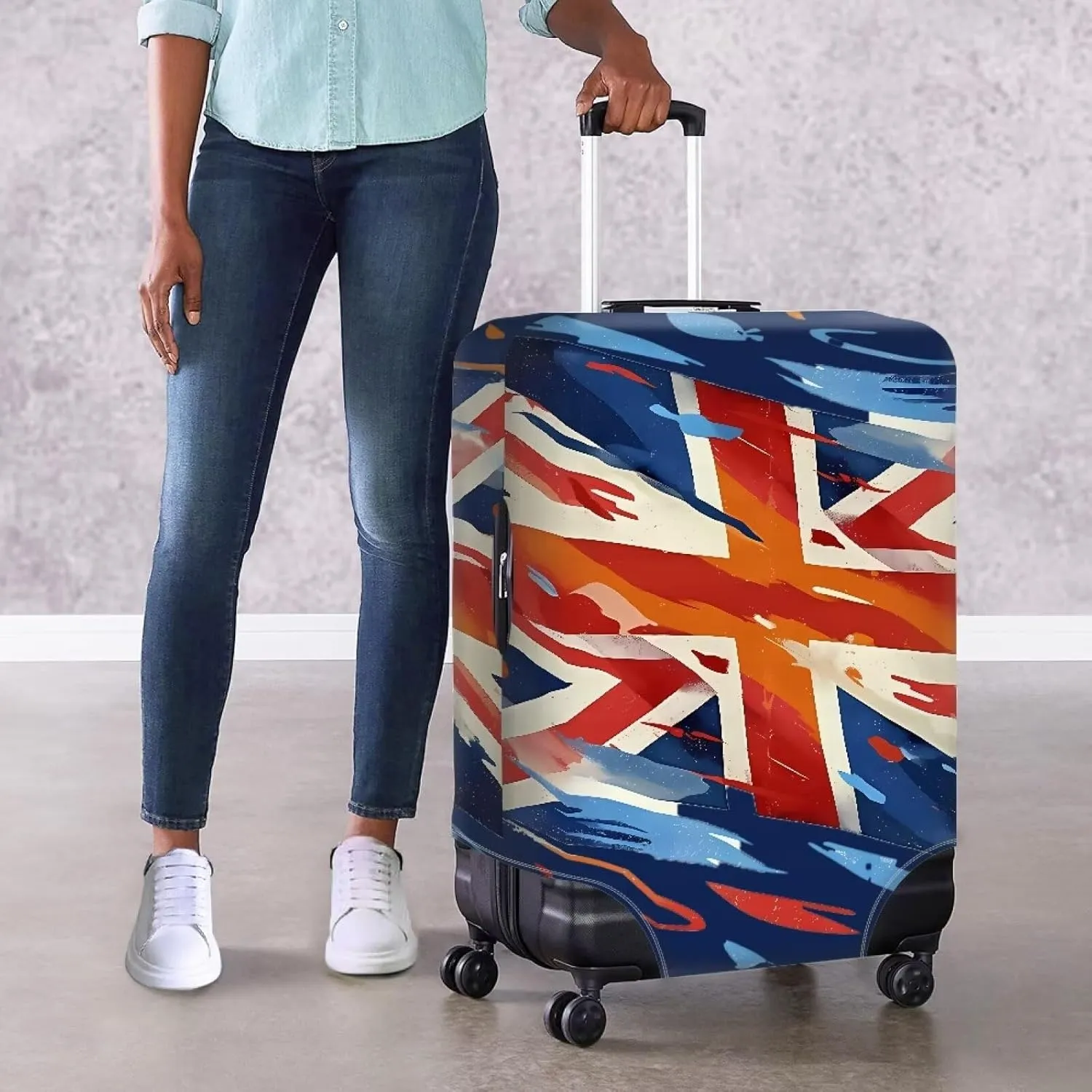 British Patriot Flag Suitcase Cover for Women Men Graffiti Flag of London Pattern Washable Polyester Dust Proof Elastic Holiday Travel Cover -S