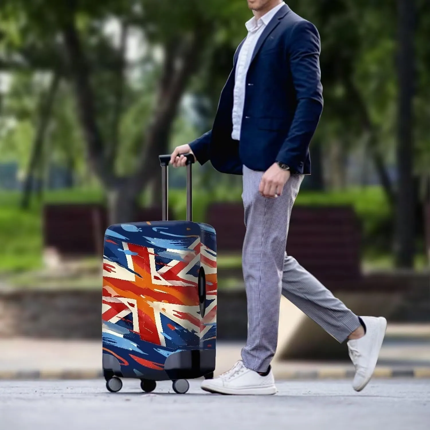 British Patriot Flag Suitcase Cover for Women Men Graffiti Flag of London Pattern Washable Polyester Dust Proof Elastic Holiday Travel Cover -S