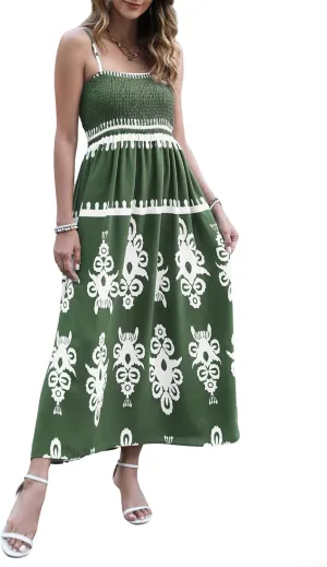 Bsubseach Womens Summer Casual Dress Long Boho Spaghetti Strap Beach Vacation Sundresses Flowy Sleeveless Maxi Dress