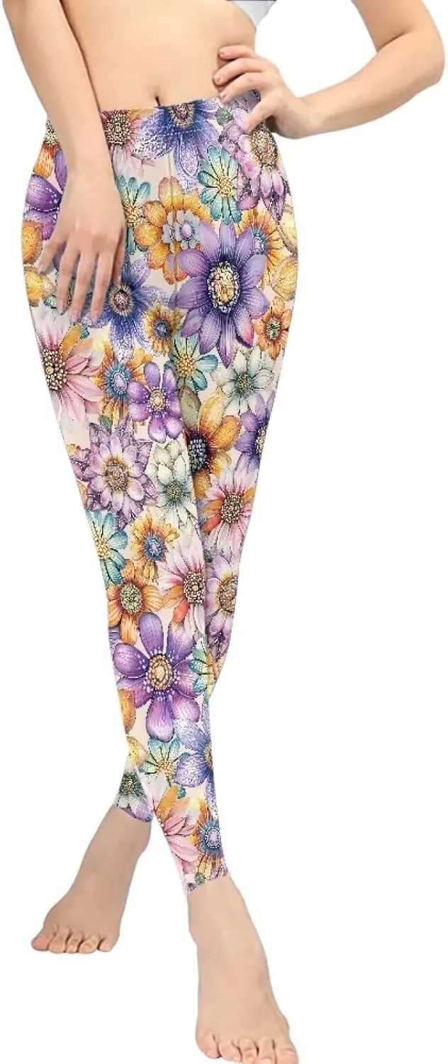 Bulopur Sunflower Workout Legging Pants Full Length, Leopard Women Tummy Control Yoga Pants, Long Leggings for Sport Running