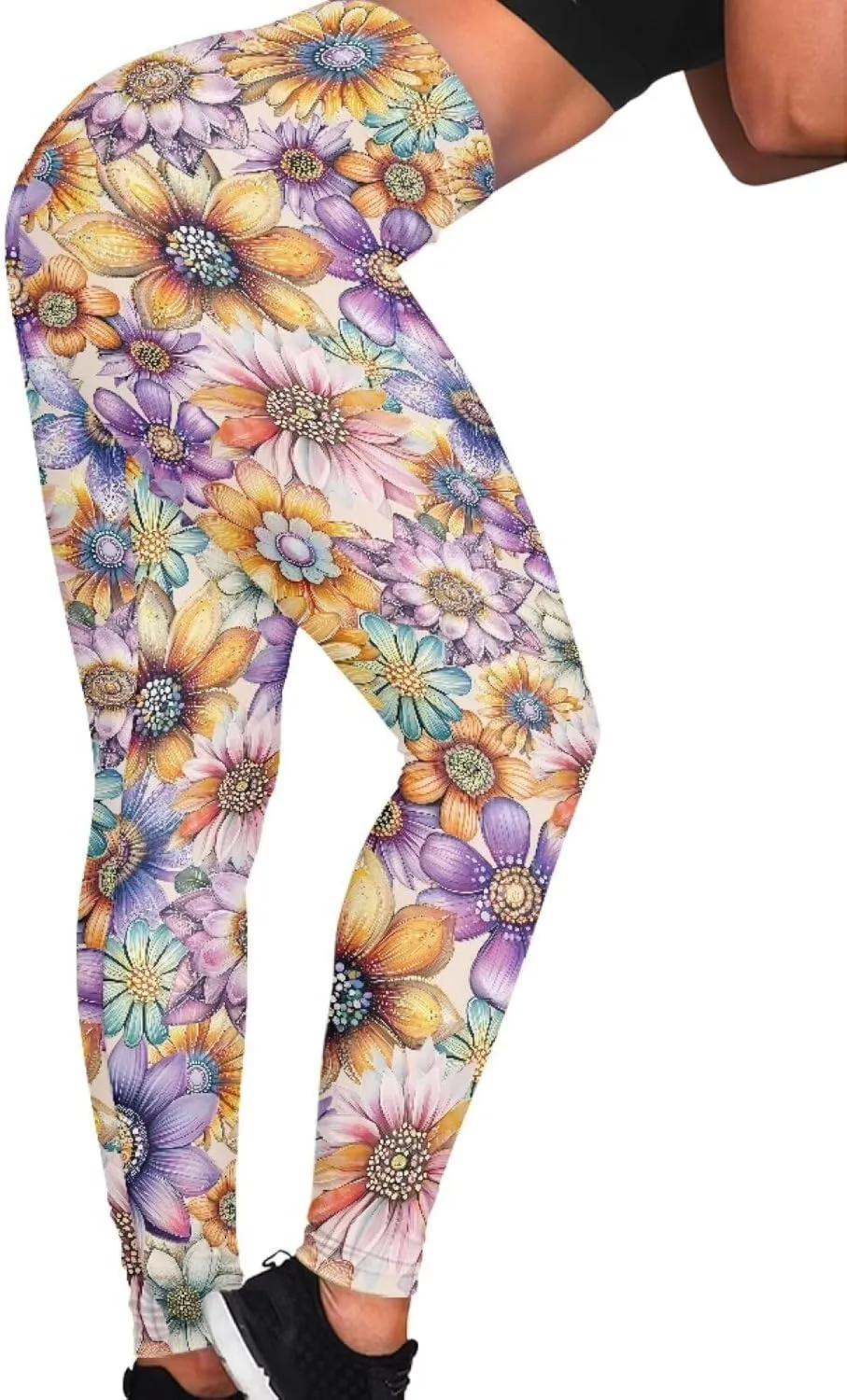 Bulopur Sunflower Workout Legging Pants Full Length, Leopard Women Tummy Control Yoga Pants, Long Leggings for Sport Running