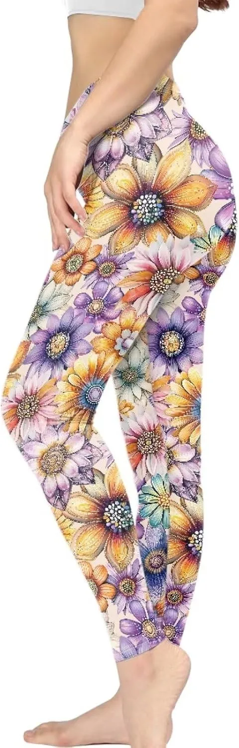Bulopur Sunflower Workout Legging Pants Full Length, Leopard Women Tummy Control Yoga Pants, Long Leggings for Sport Running