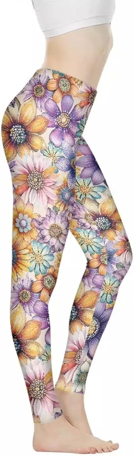 Bulopur Sunflower Workout Legging Pants Full Length, Leopard Women Tummy Control Yoga Pants, Long Leggings for Sport Running