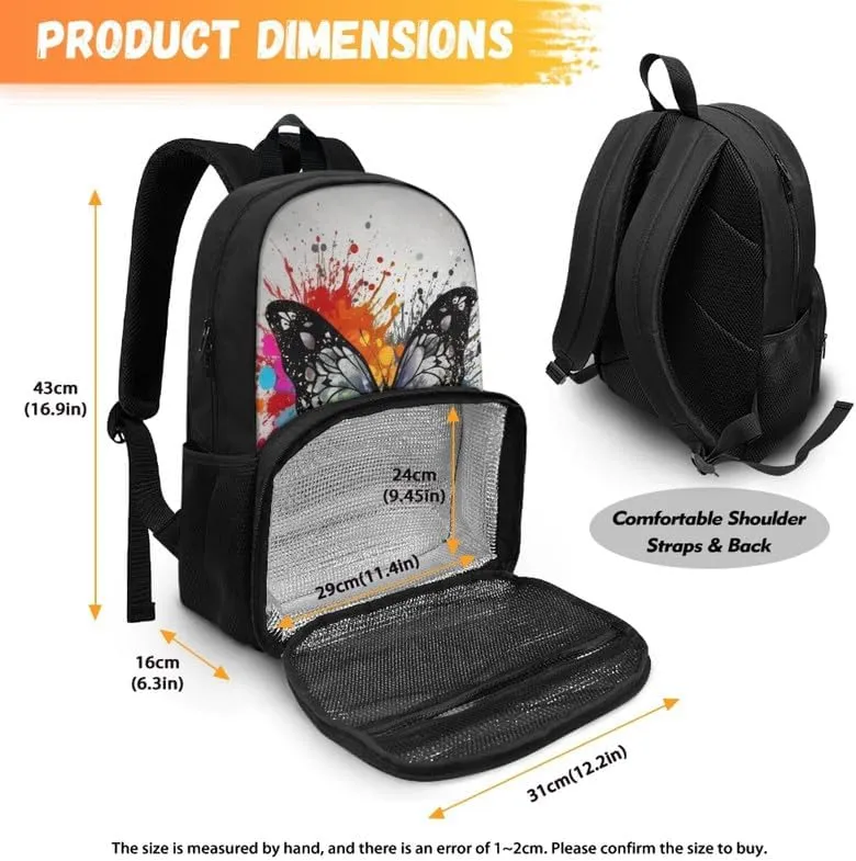 Butterfly Splash Art Print Large Travel Backpack for Women Men Colorful Graffiti Butterflies Pattern 17 Inch Insulated Cooler Backpack Adult Lunch Box Bookbag