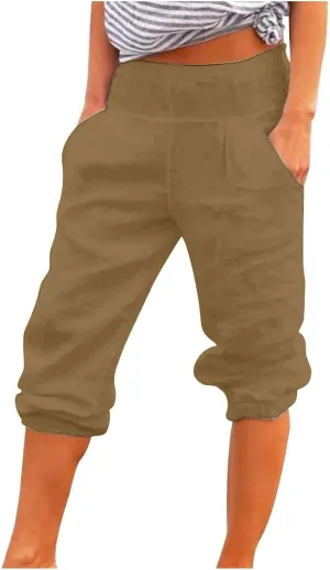 BZGTZT Linen Pants for Women High Waisted Wide Leg Capris Summer Casual Elastic High Waist Cropped Trousers with Pockets