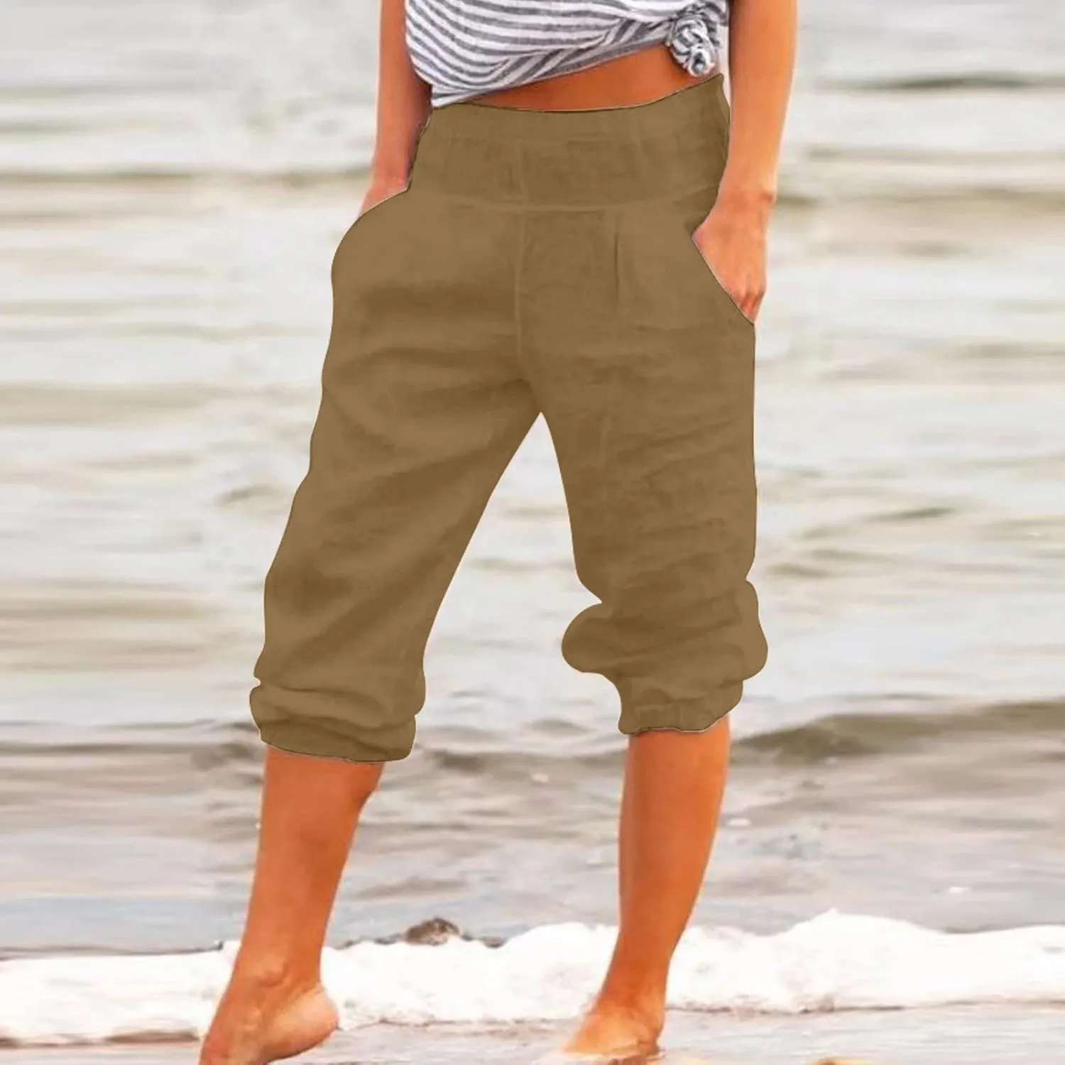BZGTZT Linen Pants for Women High Waisted Wide Leg Capris Summer Casual Elastic High Waist Cropped Trousers with Pockets