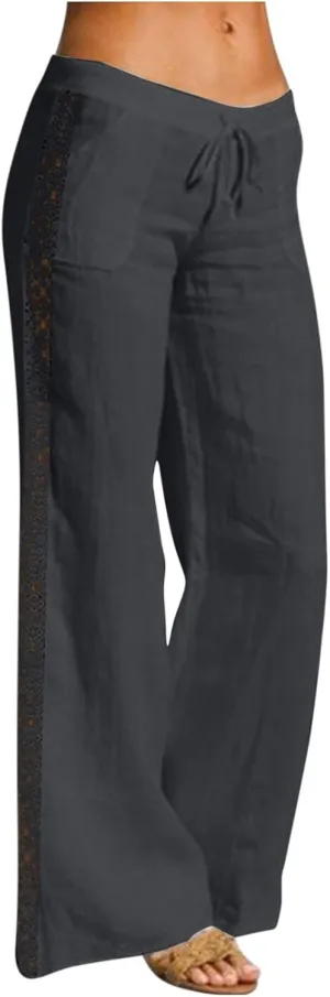 BZGTZT Linen Pants for Women Summer Casual Loose Drawstring Elastic High Waist Comfy Trousers Straight Leg Long Lounge Pant
