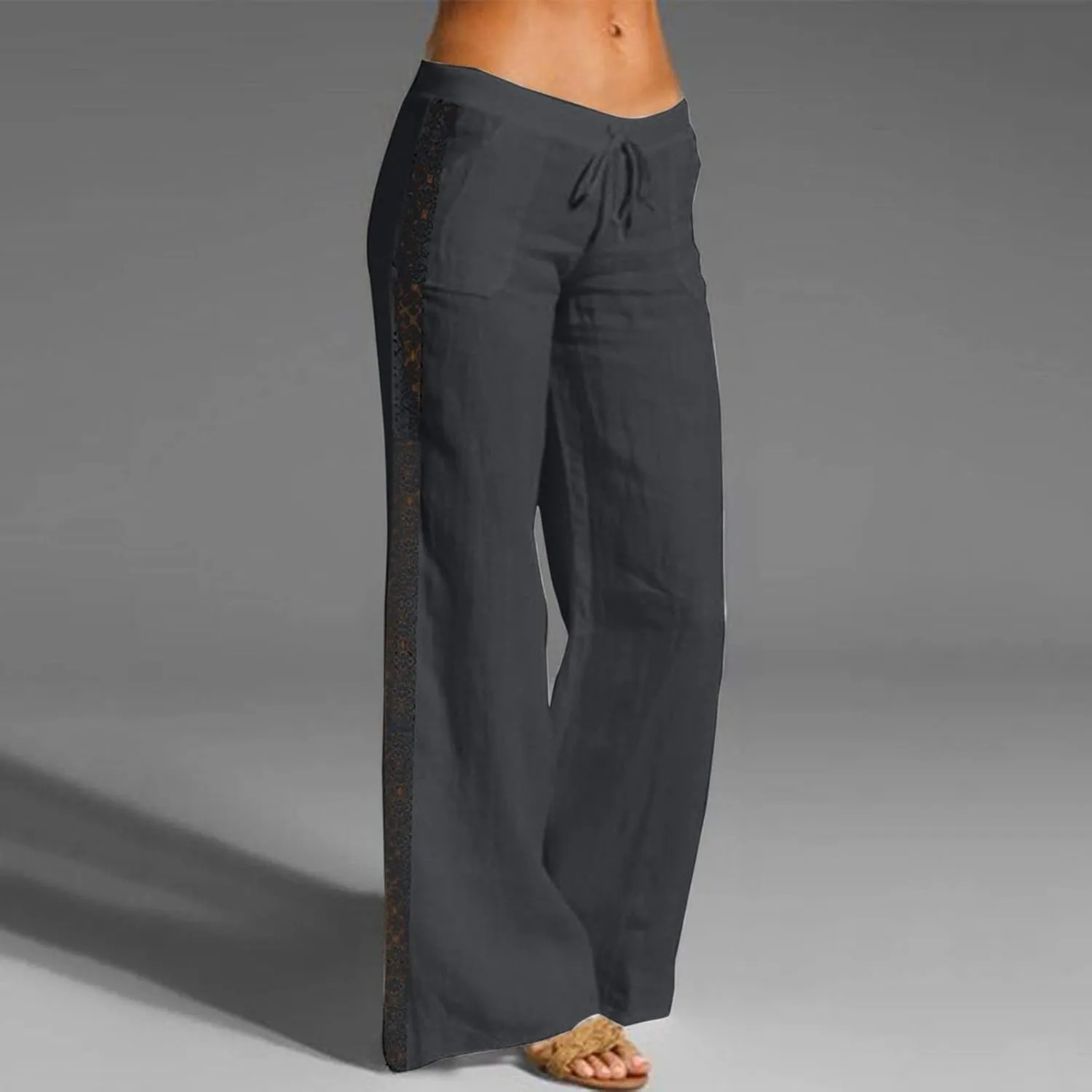 BZGTZT Linen Pants for Women Summer Casual Loose Drawstring Elastic High Waist Comfy Trousers Straight Leg Long Lounge Pant