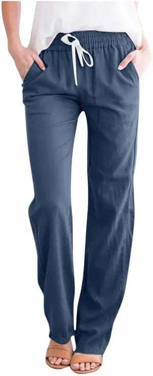 BZGTZT Wide Leg Pants for Women Summer High Waist Drawstring Pants Loose Fit Beach Pants Comfy Lightweight Linen Trousers