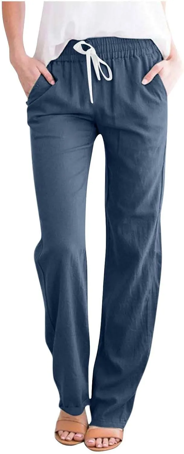 BZGTZT Wide Leg Pants for Women Summer High Waist Drawstring Pants Loose Fit Beach Pants Comfy Lightweight Linen Trousers