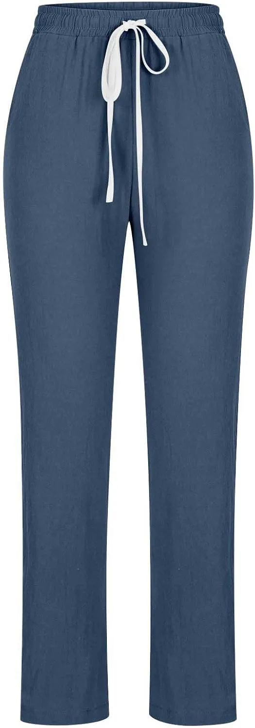 BZGTZT Wide Leg Pants for Women Summer High Waist Drawstring Pants Loose Fit Beach Pants Comfy Lightweight Linen Trousers