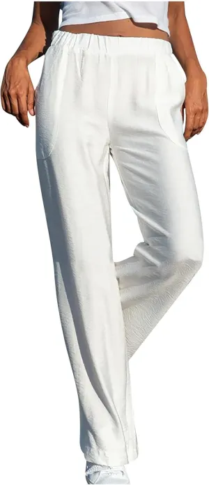 BZGTZT Women's Cotton Linen Pants Summer Casual Wide Leg Trousers Elastic High Waist Loose Fit Lounge Pants with Pocket