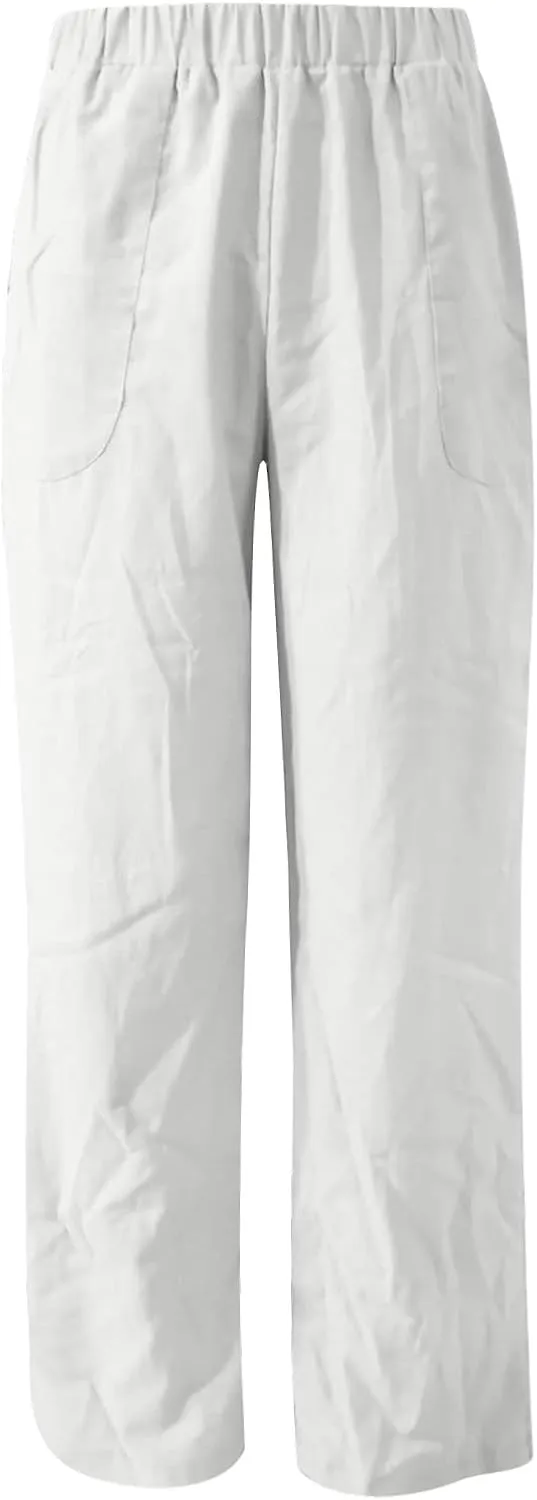 BZGTZT Women's Cotton Linen Pants Summer Casual Wide Leg Trousers Elastic High Waist Loose Fit Lounge Pants with Pocket