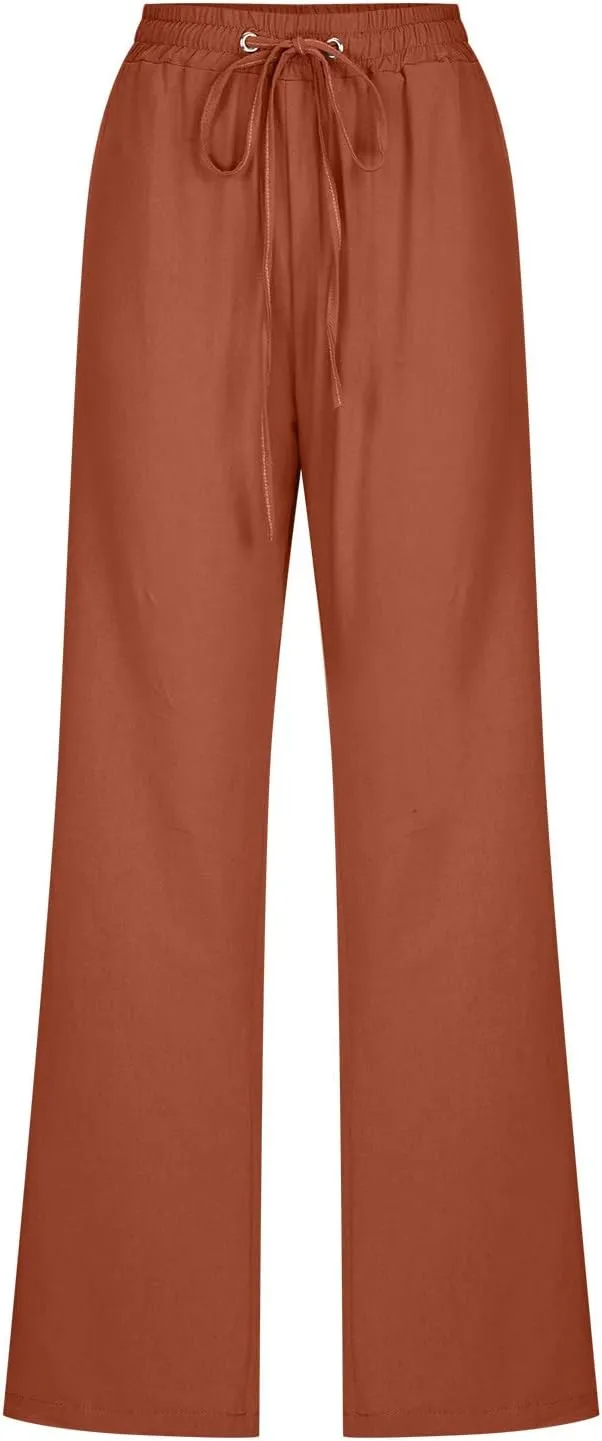 BZGTZT Women's Plus Size Cotton Linen Pants Summer Casual Wide Leg Trousers Elastic Waist Drawstring Long Pants with Pocket