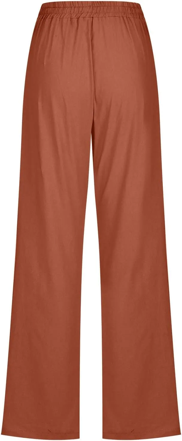 BZGTZT Women's Plus Size Cotton Linen Pants Summer Casual Wide Leg Trousers Elastic Waist Drawstring Long Pants with Pocket