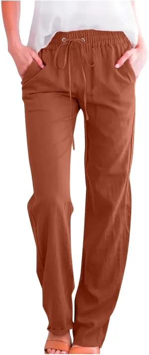 BZGTZT Women's Plus Size Cotton Linen Pants Summer Casual Wide Leg Trousers Elastic Waist Drawstring Long Pants with Pocket