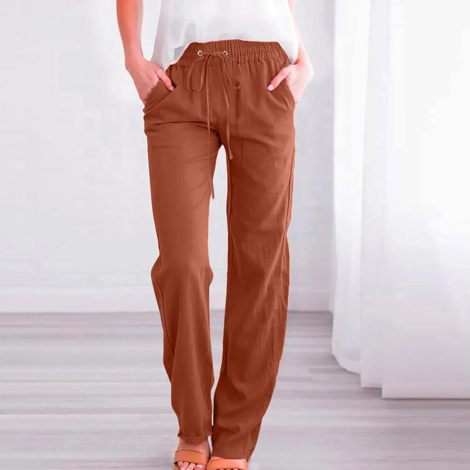 BZGTZT Women's Plus Size Cotton Linen Pants Summer Casual Wide Leg Trousers Elastic Waist Drawstring Long Pants with Pocket