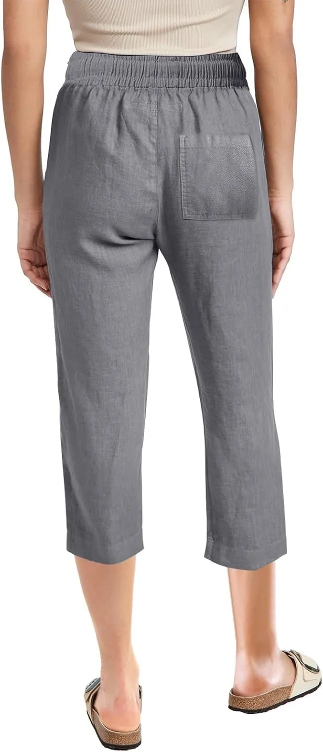 Capri Linen Pants Women Summer Casual 2025 Travel Drawstring Elastic High Waist Straight Wide Leg Cropped Trousers