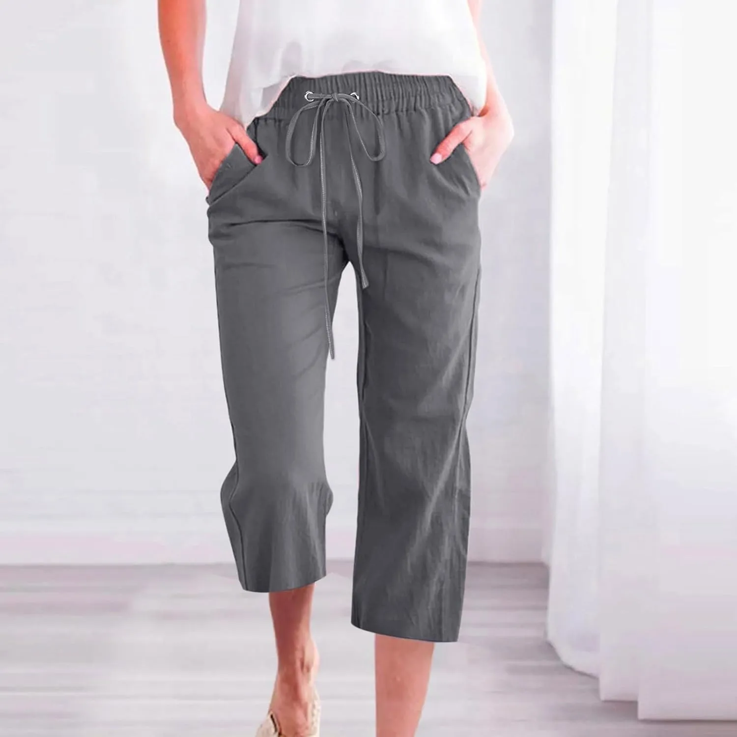 Capri Linen Pants Women Summer Casual 2025 Travel Drawstring Elastic High Waist Straight Wide Leg Cropped Trousers