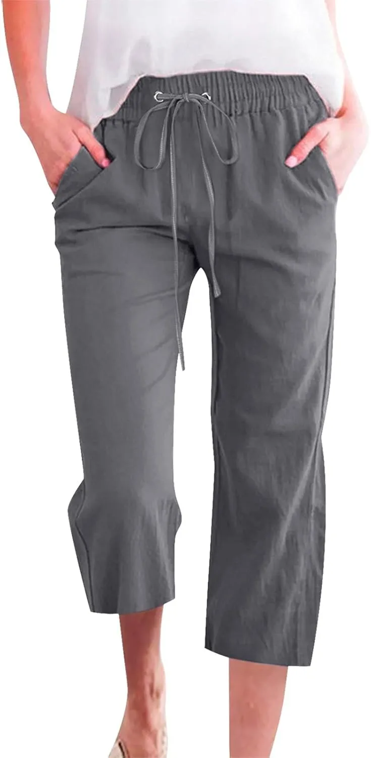 Capri Linen Pants Women Summer Casual 2025 Travel Drawstring Elastic High Waist Straight Wide Leg Cropped Trousers