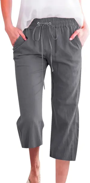 Capri Linen Pants Women Summer Casual 2025 Travel Drawstring Elastic High Waist Straight Wide Leg Cropped Trousers