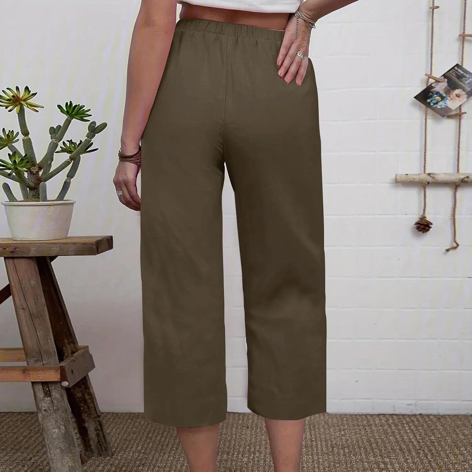 Capri Pants for Women Casual Elastic High Waist Beach Cropped Pants Loose Trousers Summer Outfits for Women