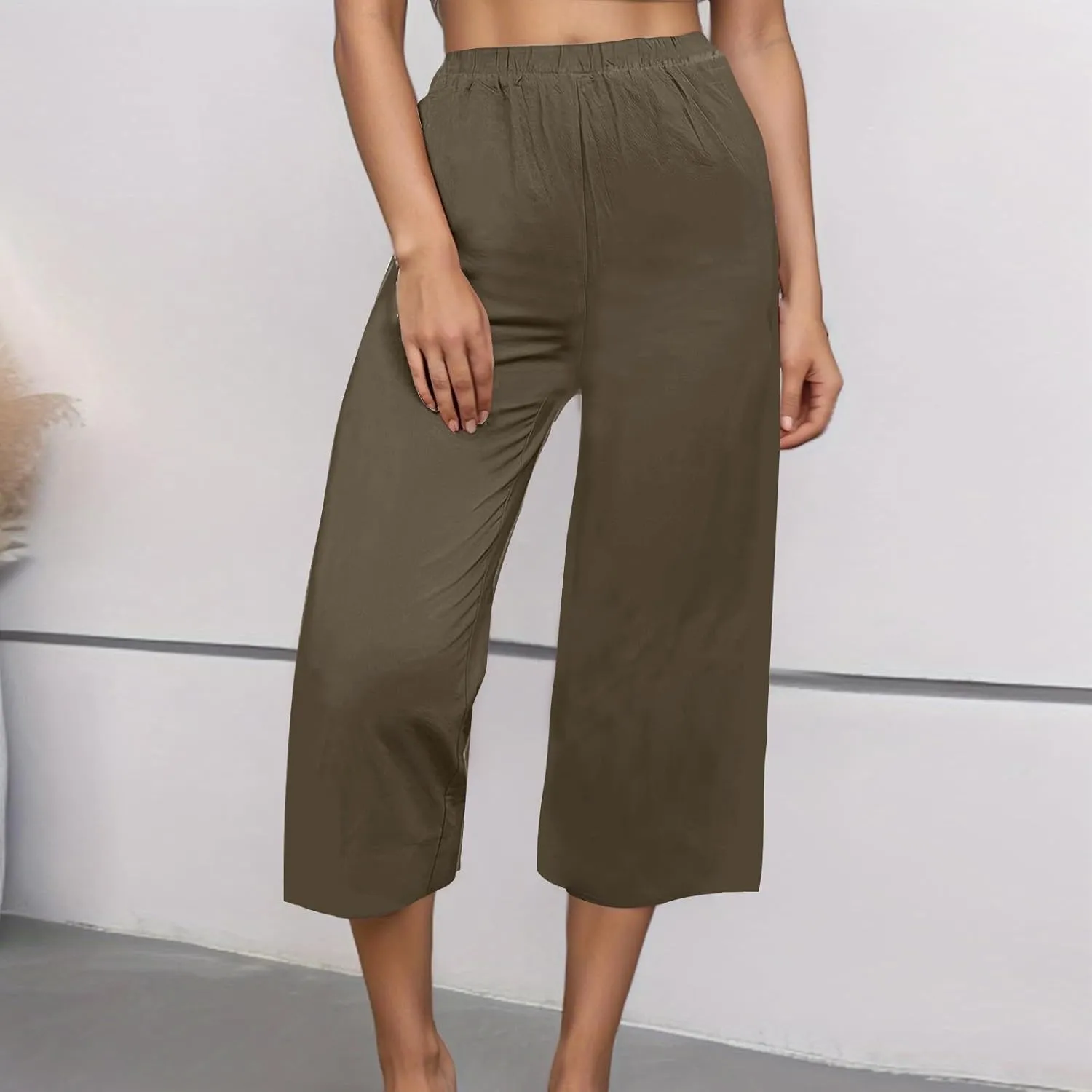 Capri Pants for Women Casual Elastic High Waist Beach Cropped Pants Loose Trousers Summer Outfits for Women