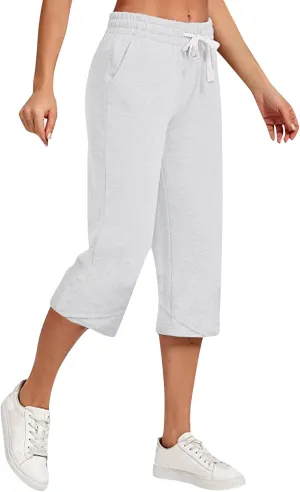 Capri Pants for Women Casual Lightweight Drawstring Waist Pedal Pushers Comfy Ruffle Hem Lounge Pants with Pockets