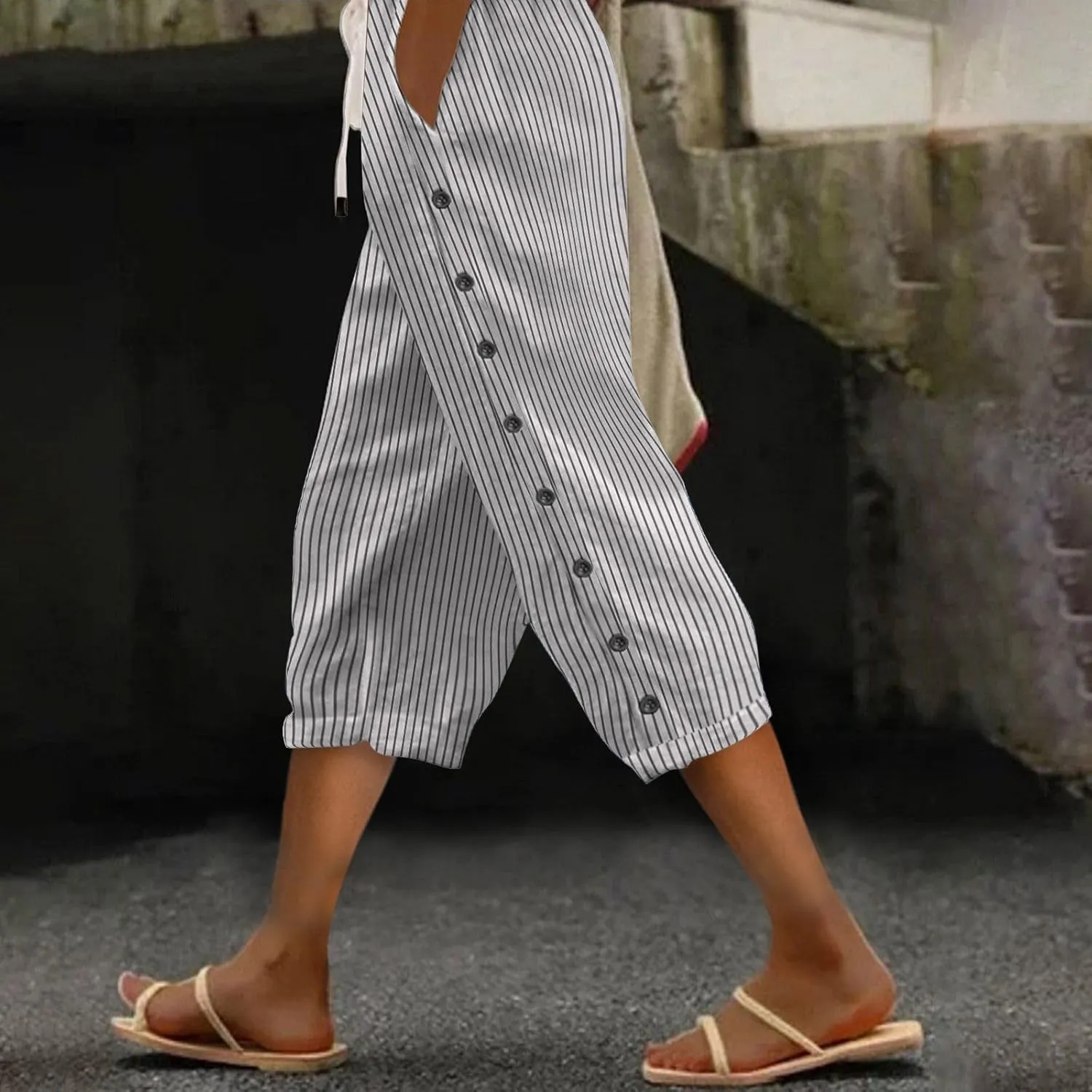 Capri Pants for Women Casual Striped Linen Pants Loose Fit Drawstring Trousers High Waist Cropped Trousers