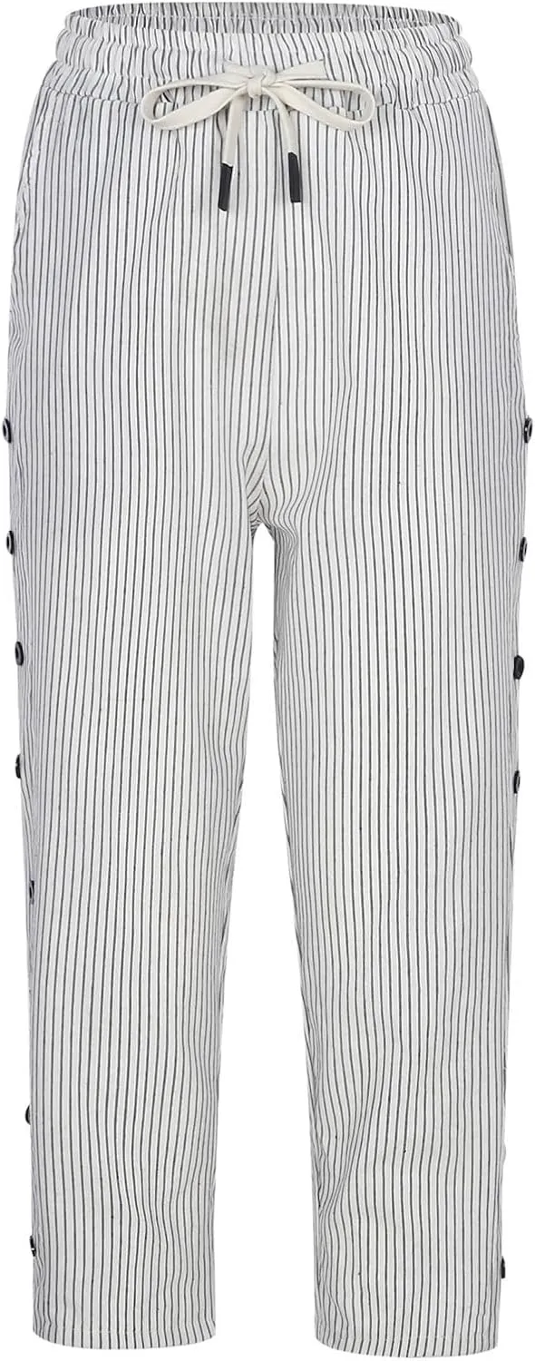 Capri Pants for Women Casual Striped Linen Pants Loose Fit Drawstring Trousers High Waist Cropped Trousers