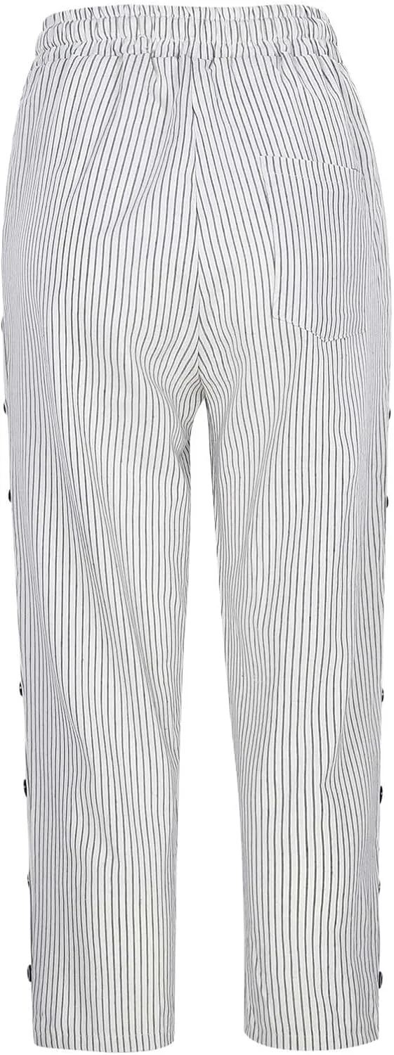 Capri Pants for Women Casual Striped Linen Pants Loose Fit Drawstring Trousers High Waist Cropped Trousers