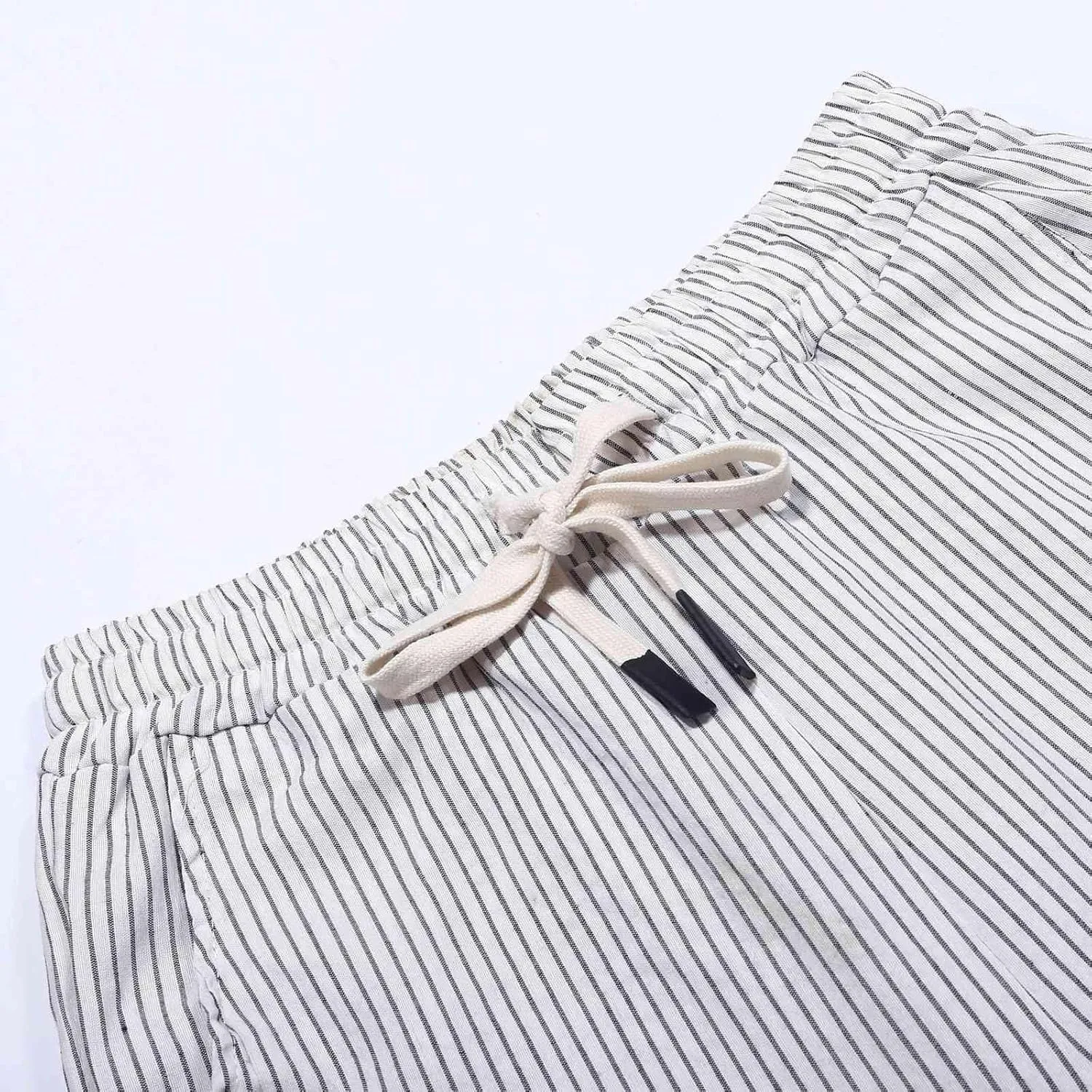 Capri Pants for Women Casual Striped Linen Pants Loose Fit Drawstring Trousers High Waist Cropped Trousers