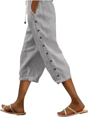 Capri Pants for Women Casual Striped Linen Pants Loose Fit Drawstring Trousers High Waist Cropped Trousers