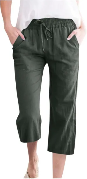 Capri Pants for Women Cotton Linen Pant Casual Summer Plus Size Drawstring Elastic Waist Capris Trouser with Pockets