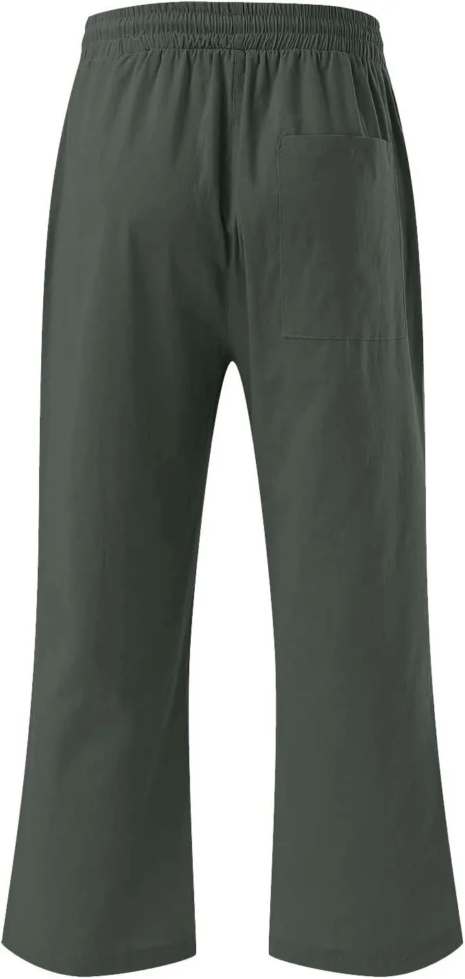 Capri Pants for Women Cotton Linen Pant Casual Summer Plus Size Drawstring Elastic Waist Capris Trouser with Pockets