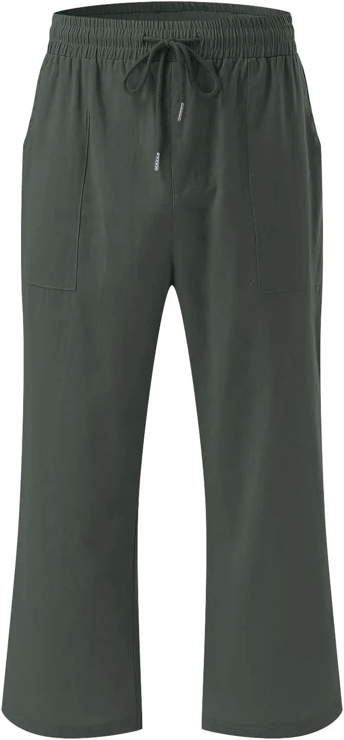 Capri Pants for Women Cotton Linen Pant Casual Summer Plus Size Drawstring Elastic Waist Capris Trouser with Pockets