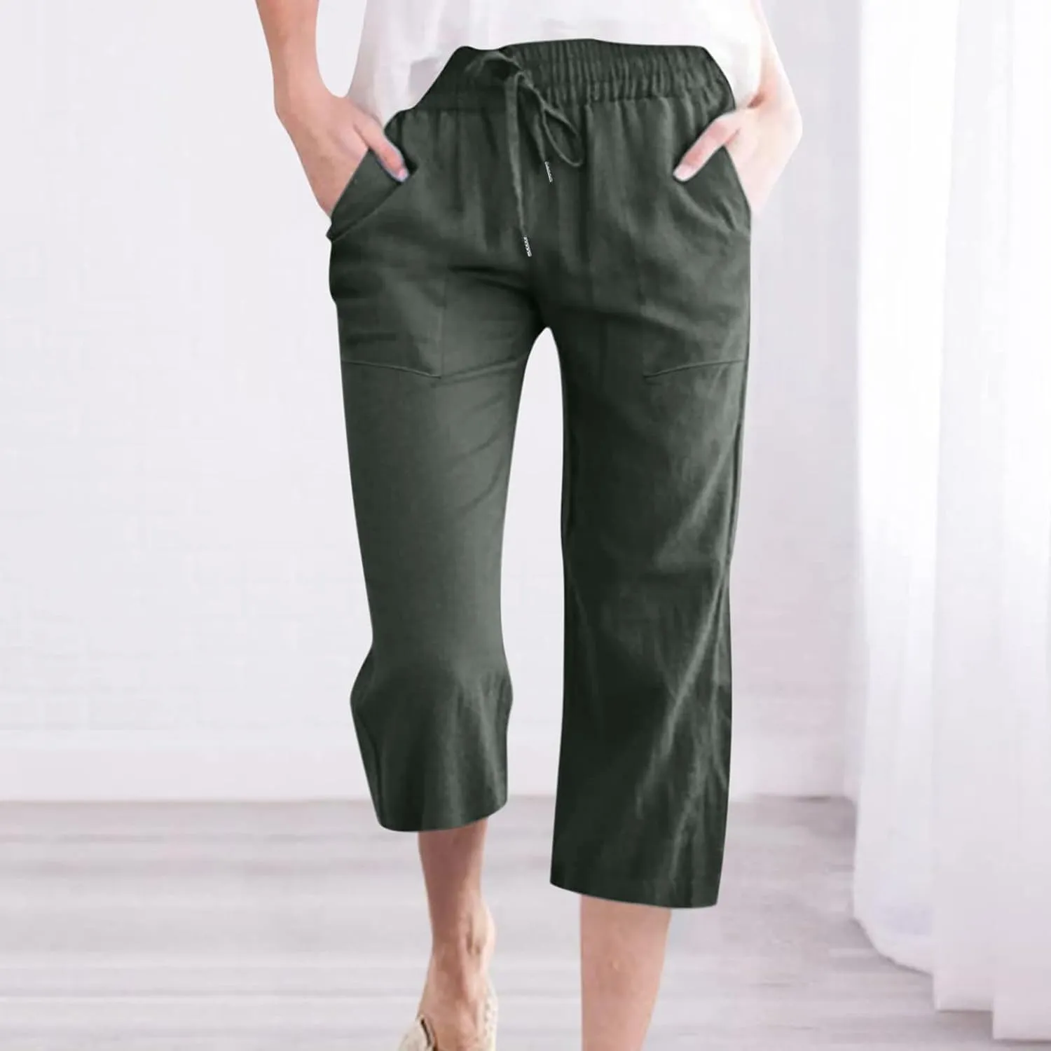 Capri Pants for Women Cotton Linen Pant Casual Summer Plus Size Drawstring Elastic Waist Capris Trouser with Pockets