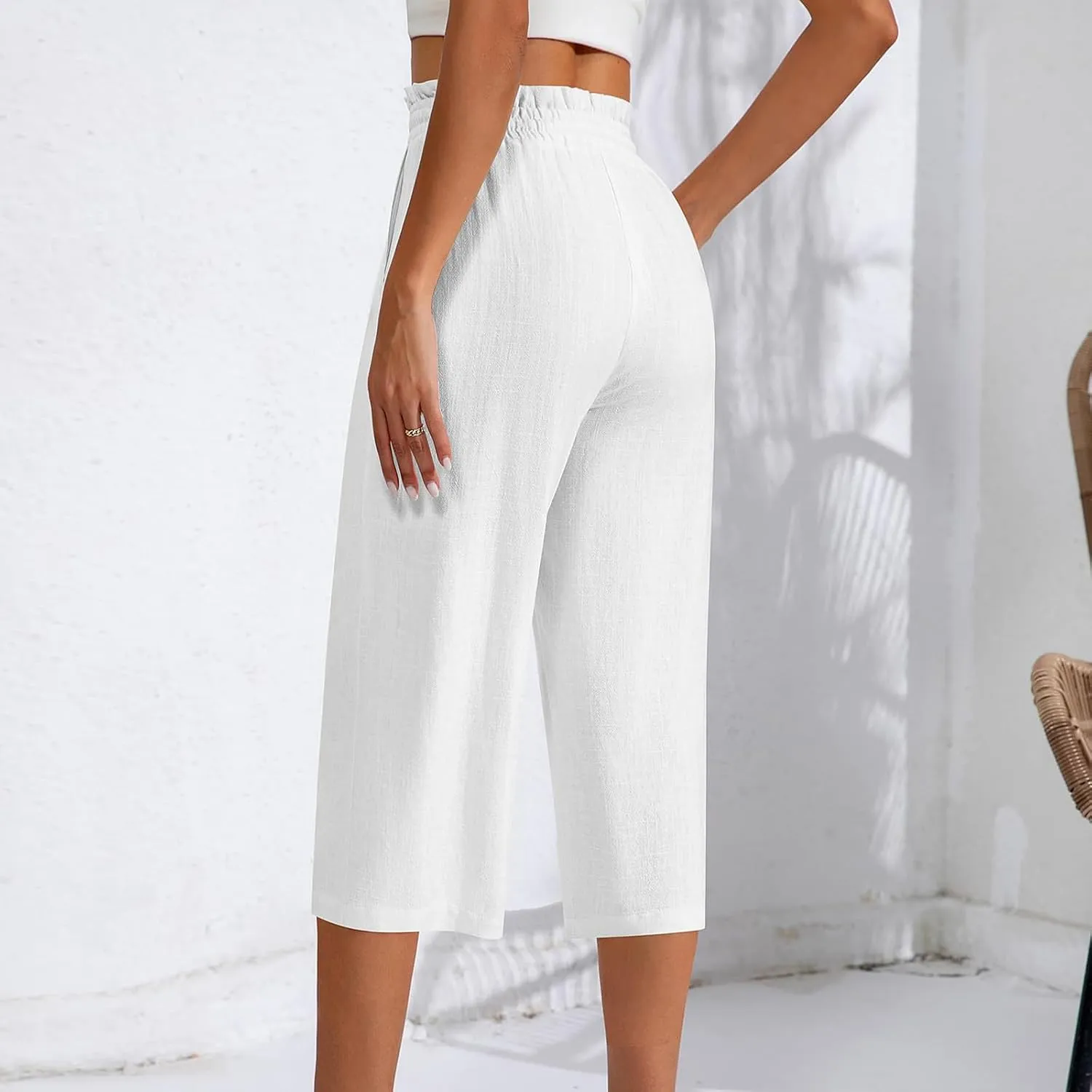 Capri Pants for Women Elastic High Wasited Ruffle Straight Leg Linen Pants with Pockets Casual Loose Fit Beach Trouser