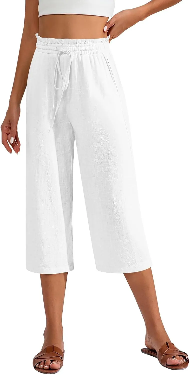 Capri Pants for Women Elastic High Wasited Ruffle Straight Leg Linen Pants with Pockets Casual Loose Fit Beach Trouser