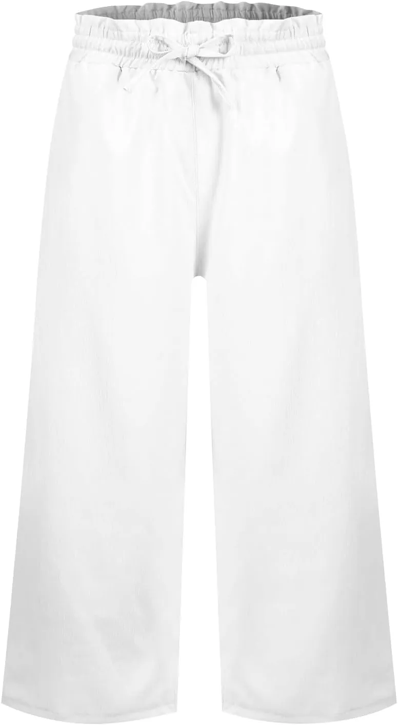 Capri Pants for Women Elastic High Wasited Ruffle Straight Leg Linen Pants with Pockets Casual Loose Fit Beach Trouser