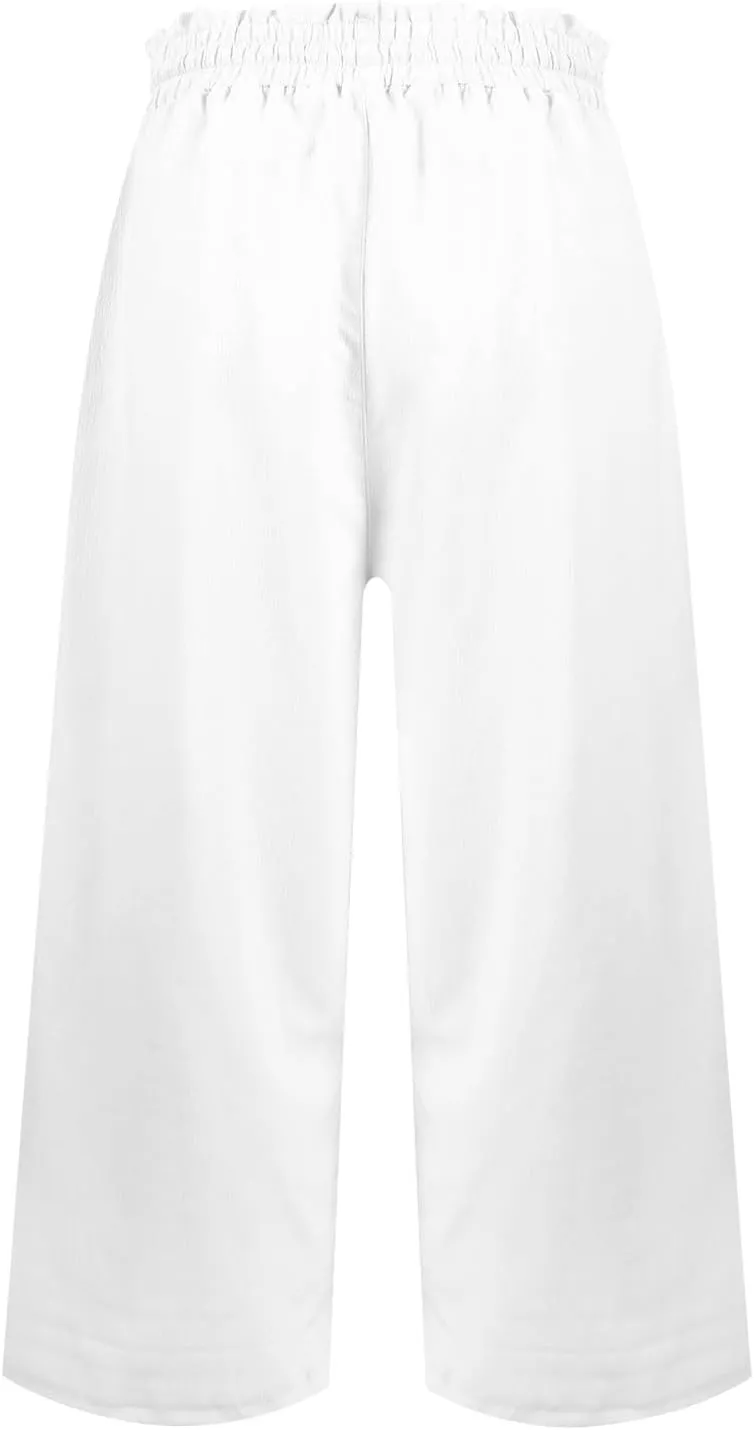 Capri Pants for Women Elastic High Wasited Ruffle Straight Leg Linen Pants with Pockets Casual Loose Fit Beach Trouser