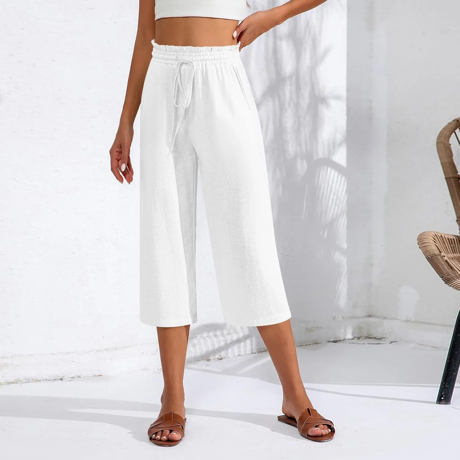 Capri Pants for Women Elastic High Wasited Ruffle Straight Leg Linen Pants with Pockets Casual Loose Fit Beach Trouser